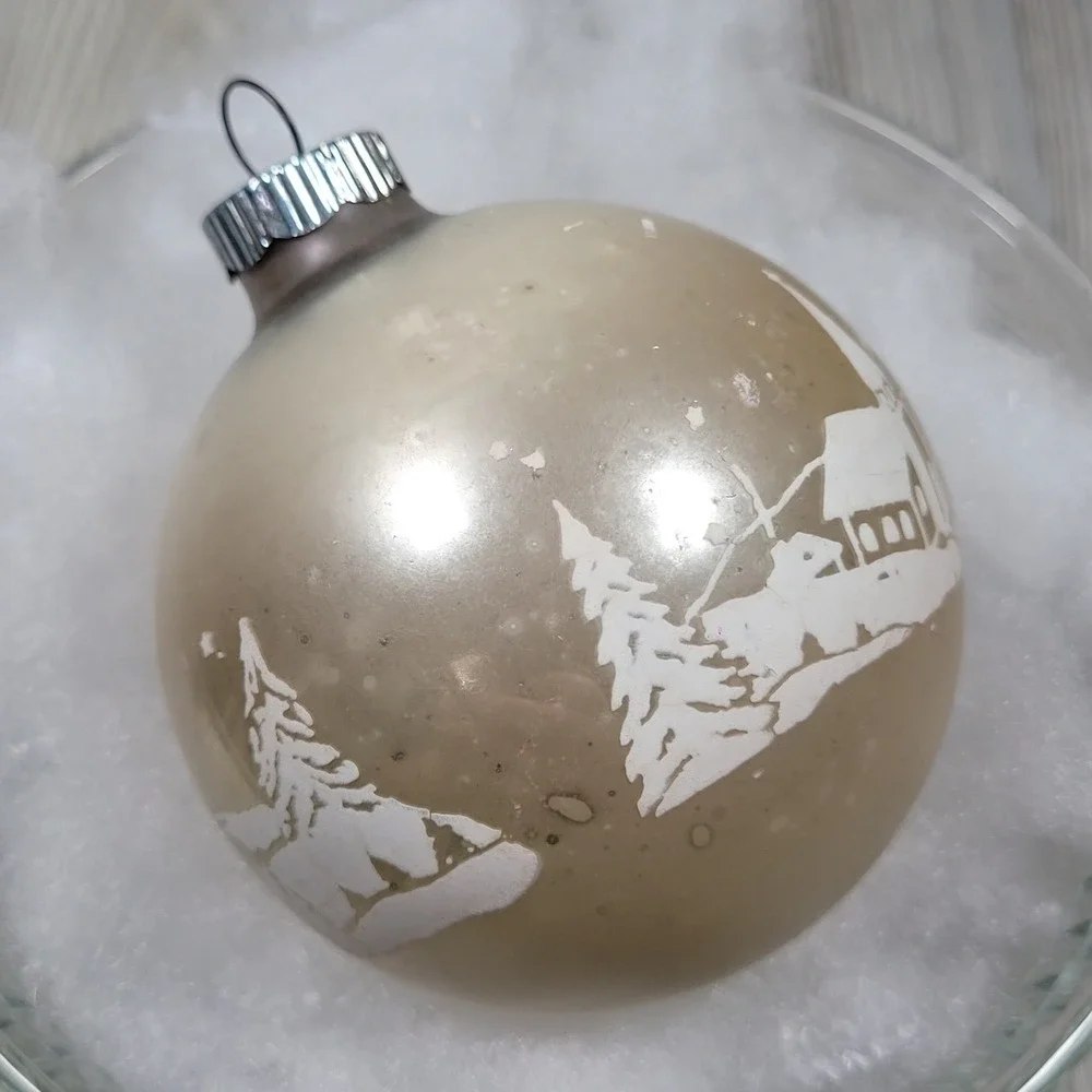 Shiny Brite Christmas Ornament Stencil Village Scene Church Tree Ivory Cream MCM